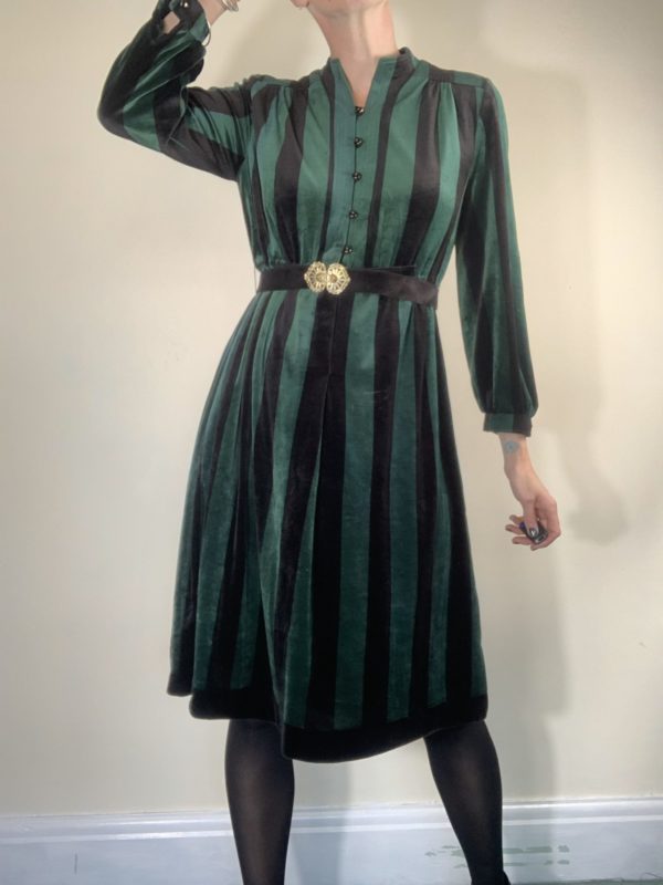 Black and green striped velour dress with belt size 10 1