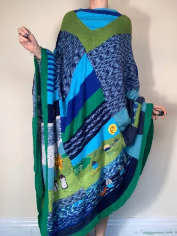 Hand knitted Embroidered Poncho Blanket One Size