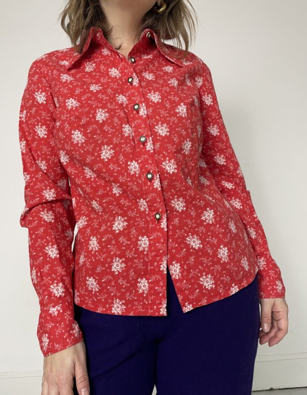 70s Dagger Collar Red Floral Shirt Uk Size 10-12 2