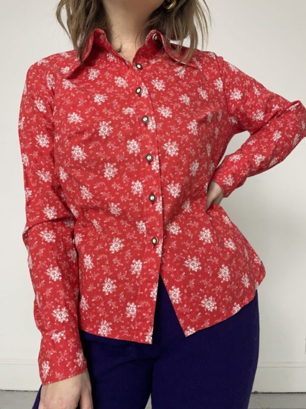 70s Dagger Collar Red Floral Shirt Uk Size 10-12