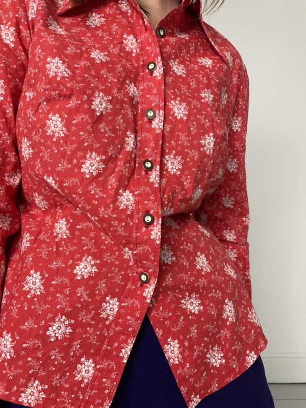 70s Dagger Collar Red Floral Shirt Uk Size 10-12 5