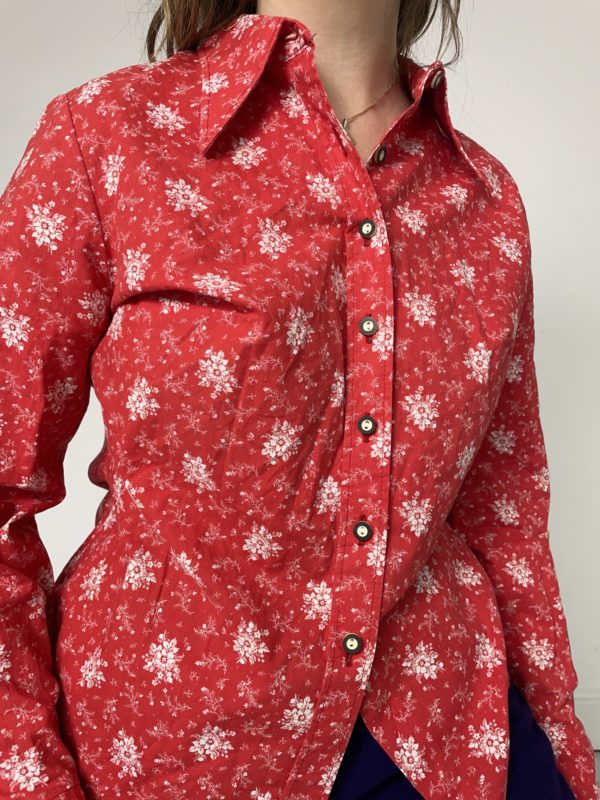 70s Dagger Collar Red Floral Shirt Uk Size 10-12 6