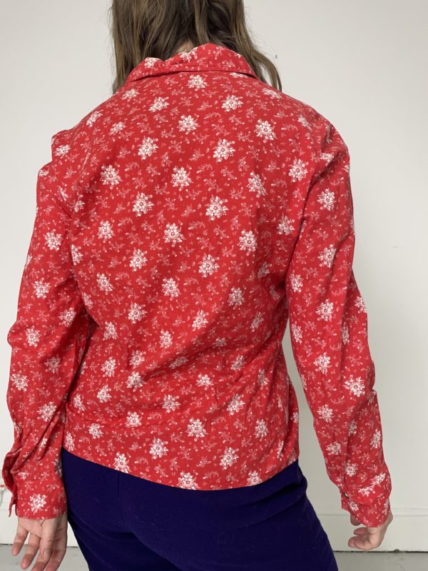70s Dagger Collar Red Floral Shirt Uk Size 10-12 7