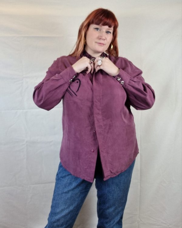 Embroidered 100% Silk Purple Collared Shirt UK Size 16-20 3