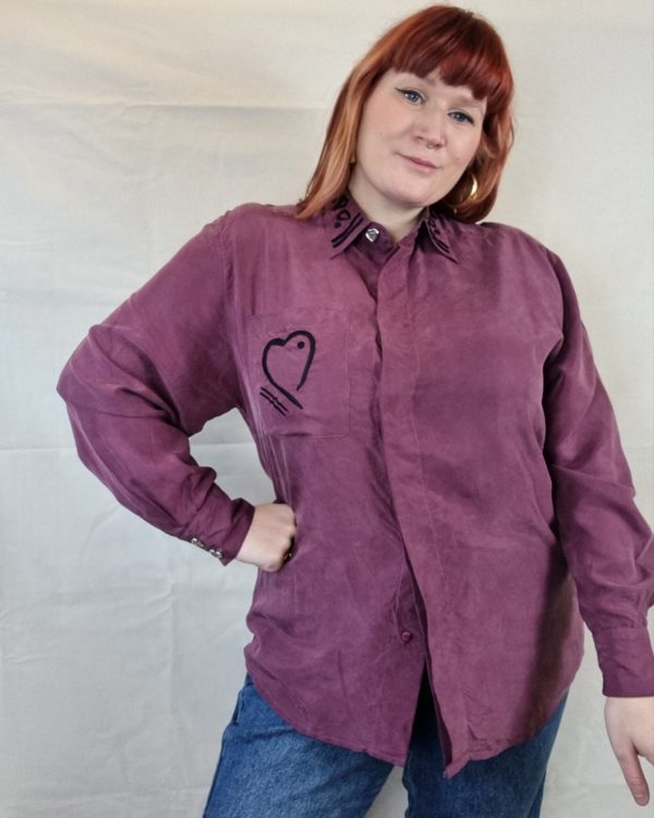 Embroidered 100% Silk Purple Collared Shirt UK Size 16-20 2