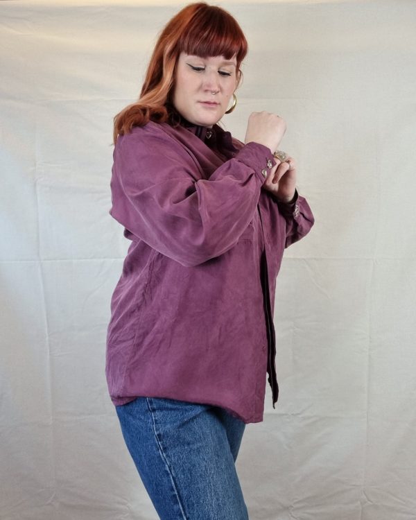 Embroidered 100% Silk Purple Collared Shirt UK Size 16-20 5