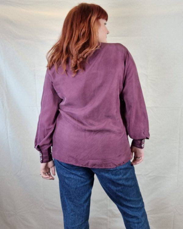 Embroidered 100% Silk Purple Collared Shirt UK Size 16-20 4