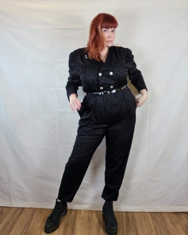 Flocked Black Double Breasted Leopard Print Jumpsuit UK Size 16 - Image 2