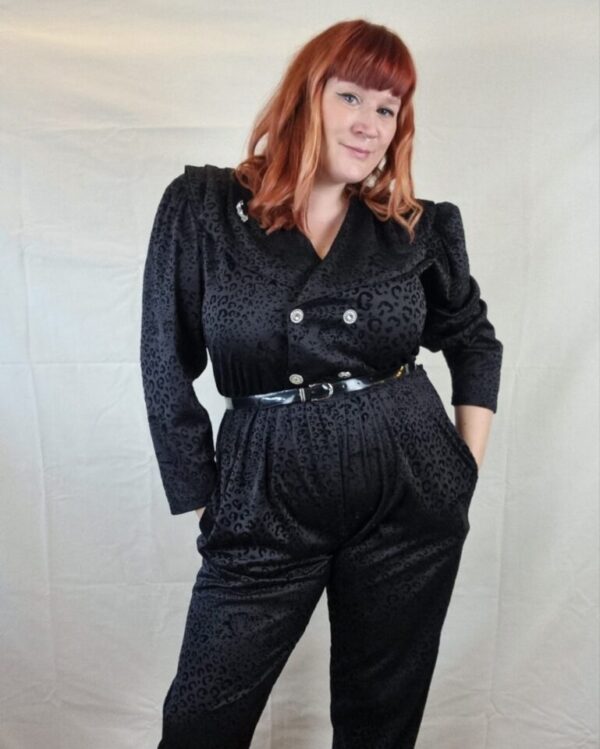 Flocked Black Double Breasted Leopard Print Jumpsuit UK Size 16