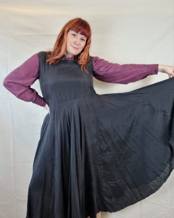 Black Full Skirt Silk Midi Dress UK Size 18-20