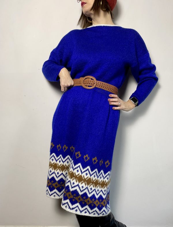 Royal Blue Fair Isle Knitted Dress UK 12-14 2