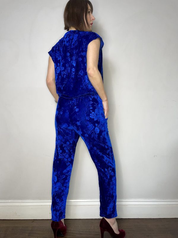 Royal Blue Rose Patterned Devoré Stretch Velvet Jumpsuit UK Size 12-16 3