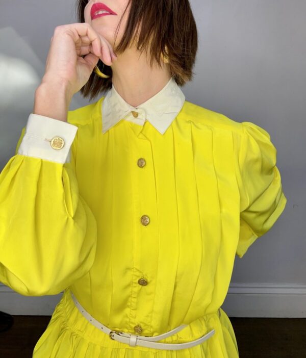Neon Yellow Collared Dress with Pleated Skirt UK 12-14