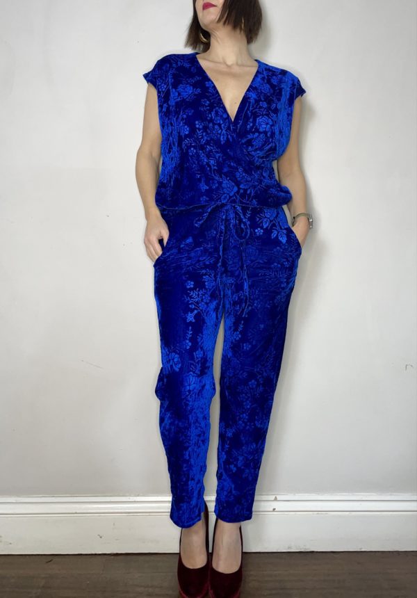 Royal Blue Rose Patterned Devoré Stretch Velvet Jumpsuit UK Size 12-16 4