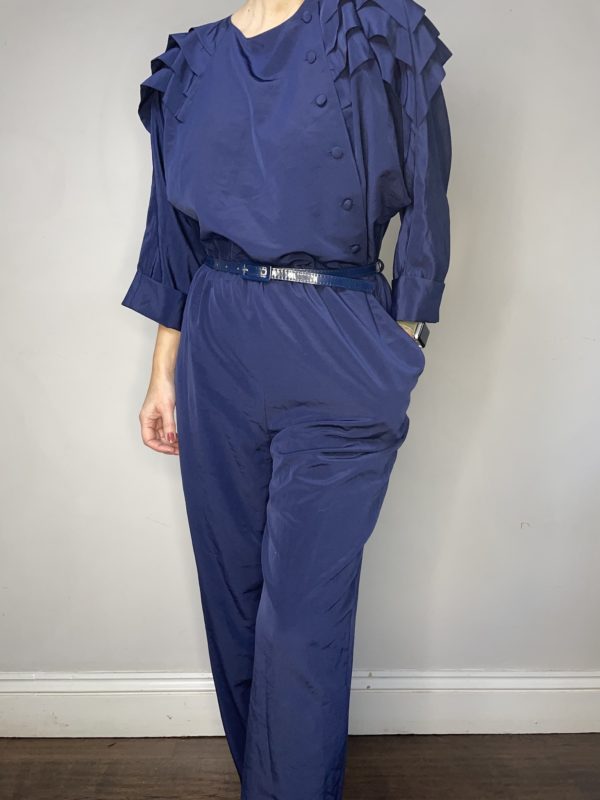 80s Blue Pleated Shoulder Jumpsuit Size UK 10-12 1