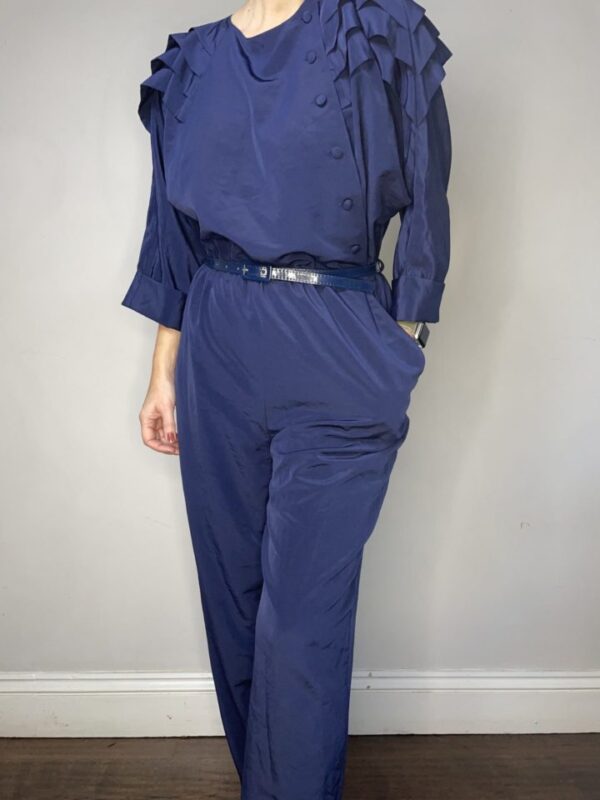 80s Blue Pleated Shoulder Jumpsuit Size UK 10-12