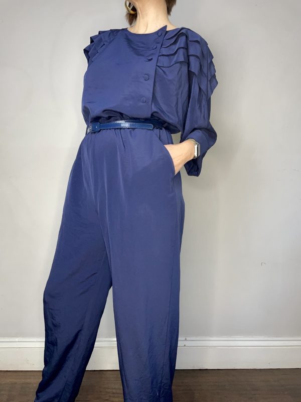80s Blue Pleated Shoulder Jumpsuit Size UK 10-12 2