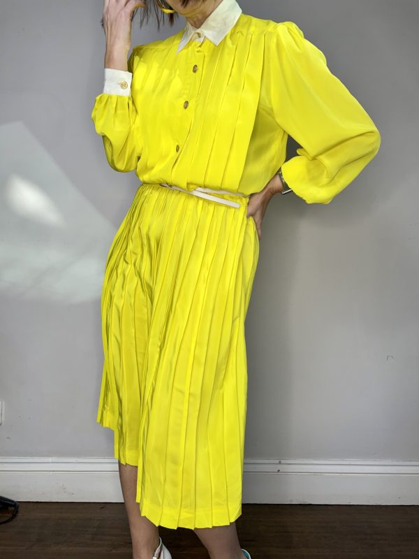 Neon Yellow Collared Dress with Pleated Skirt UK 12-14 2