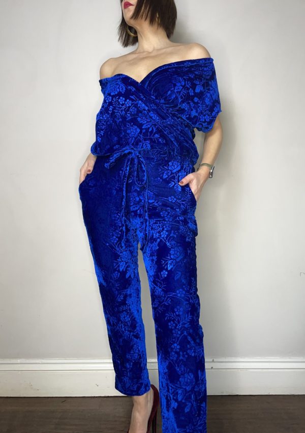 Royal Blue Rose Patterned Devoré Stretch Velvet Jumpsuit UK Size 12-16 1