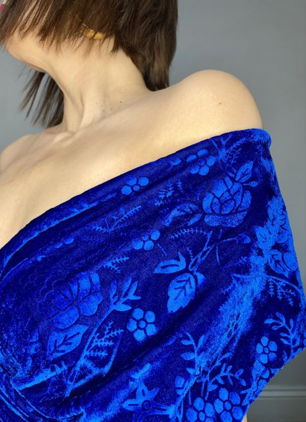 Royal Blue Rose Patterned Devoré Stretch Velvet Jumpsuit UK Size 12-16 2