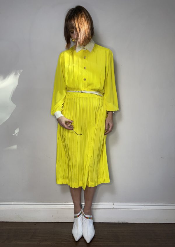 Neon Yellow Collared Dress with Pleated Skirt UK 12-14 3