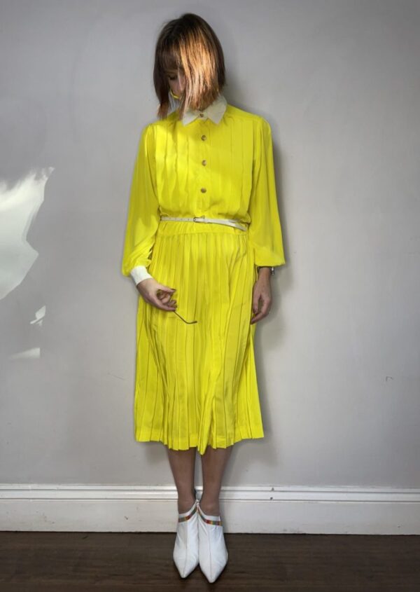 Neon Yellow Collared Dress with Pleated Skirt UK 12-14 - Image 3