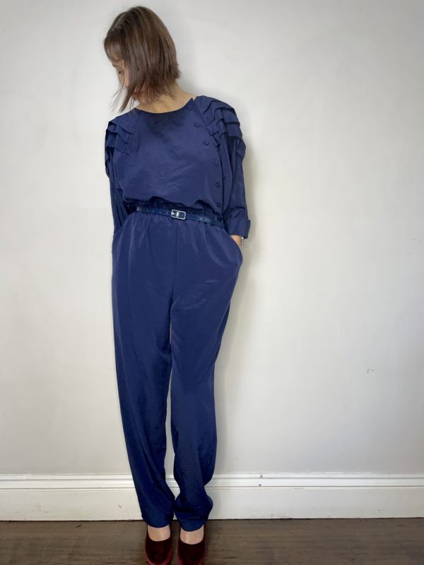80s Blue Pleated Shoulder Jumpsuit Size UK 10-12 4