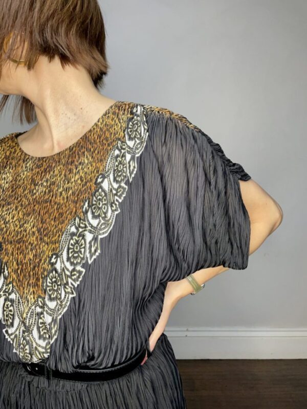 Black Plissé 80s Jumpsuit with Animal Print Neckline UK 12-16 - Image 3