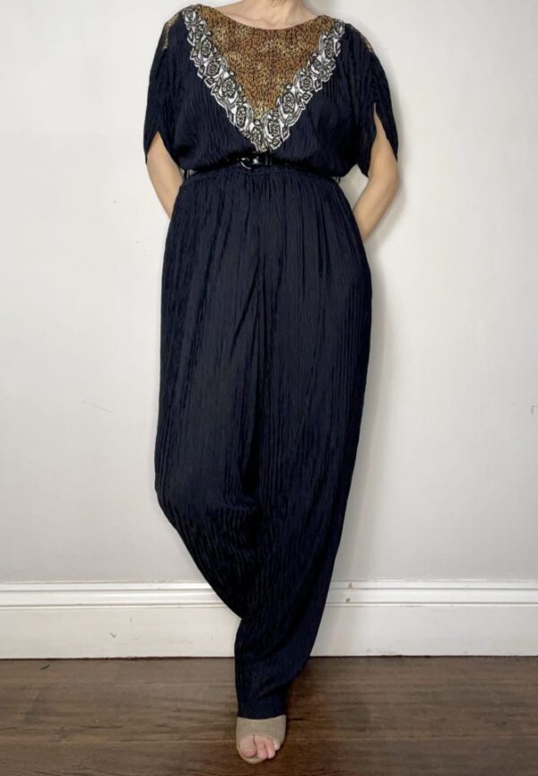 Black Plissé 80s Jumpsuit with Animal Print Neckline UK 12-16 - Image 6
