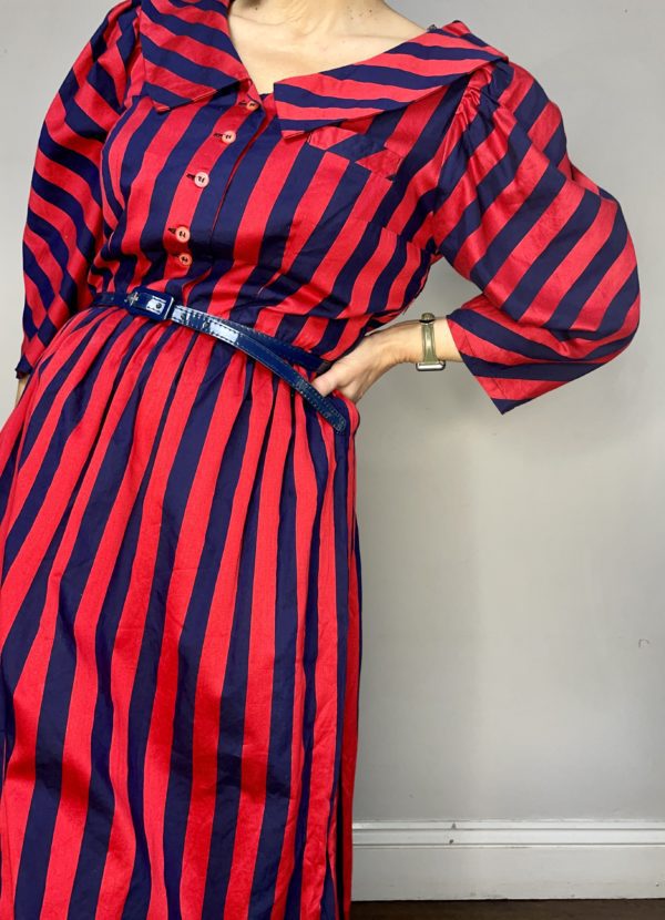 Navy and Red Striped Collared Dress UK 10-12 2