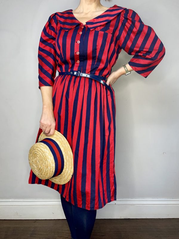 Navy and Red Striped Collared Dress UK 10-12 1