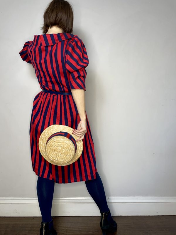 Navy and Red Striped Collared Dress UK 10-12 4