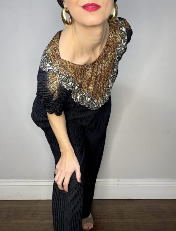 Black Plissé 80s Jumpsuit with Animal Print Neckline UK 12-16