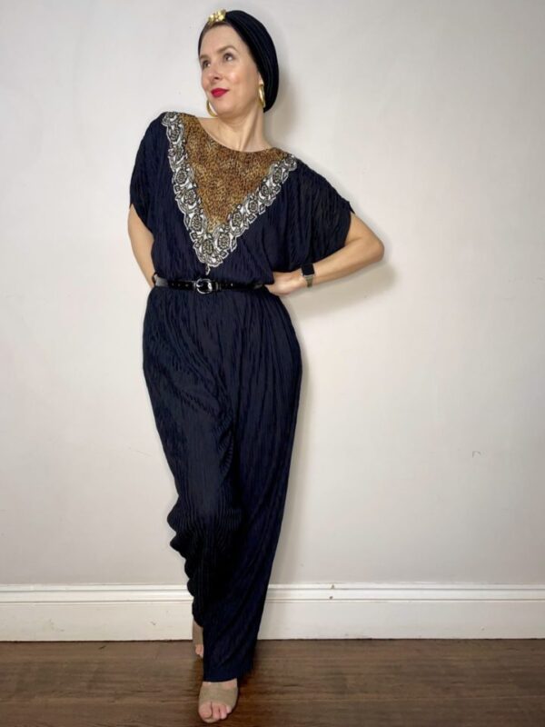 Black Plissé 80s Jumpsuit with Animal Print Neckline UK 12-16 - Image 5