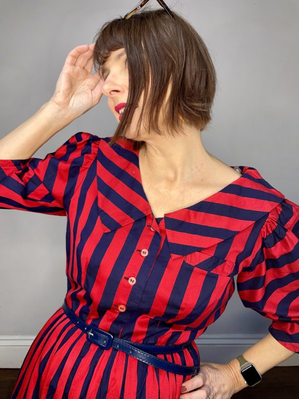 Navy and Red Striped Collared Dress UK 10-12 6