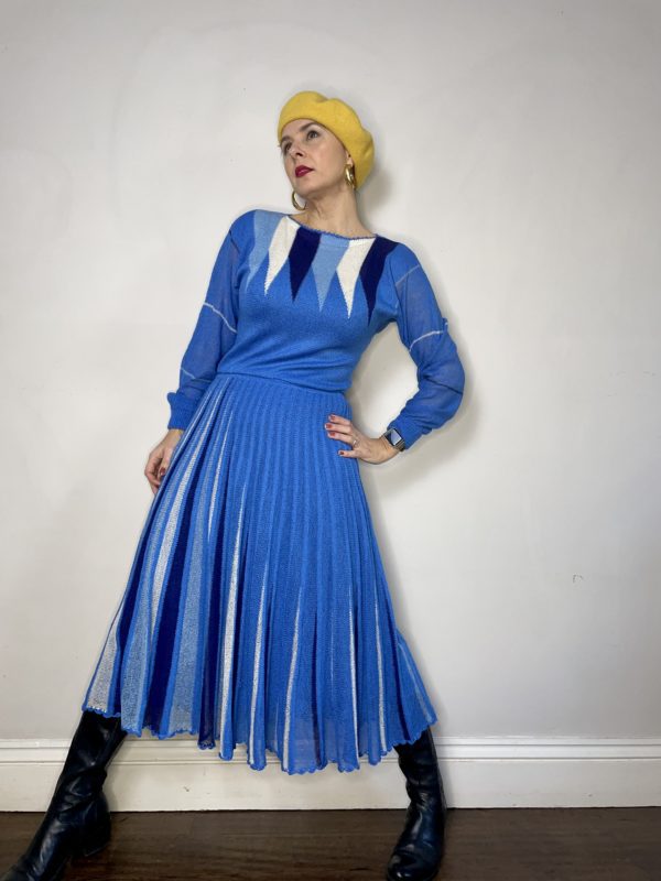 Pleated Knitted Blue and White Dress UK Size 10 2