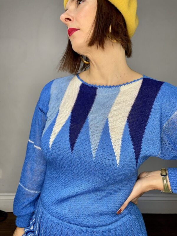 Pleated Knitted Blue and White Dress UK Size 10 - Image 3