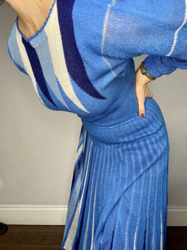Pleated Knitted Blue and White Dress UK Size 10 - Image 4