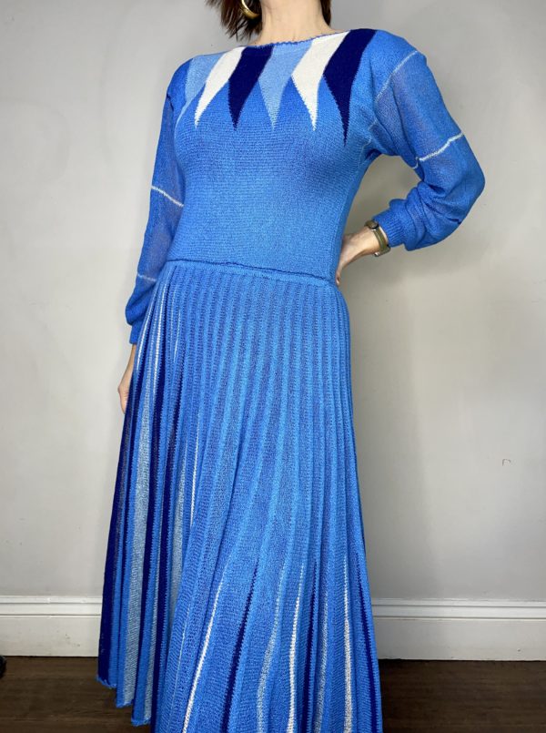 Pleated Knitted Blue and White Dress UK Size 10 5