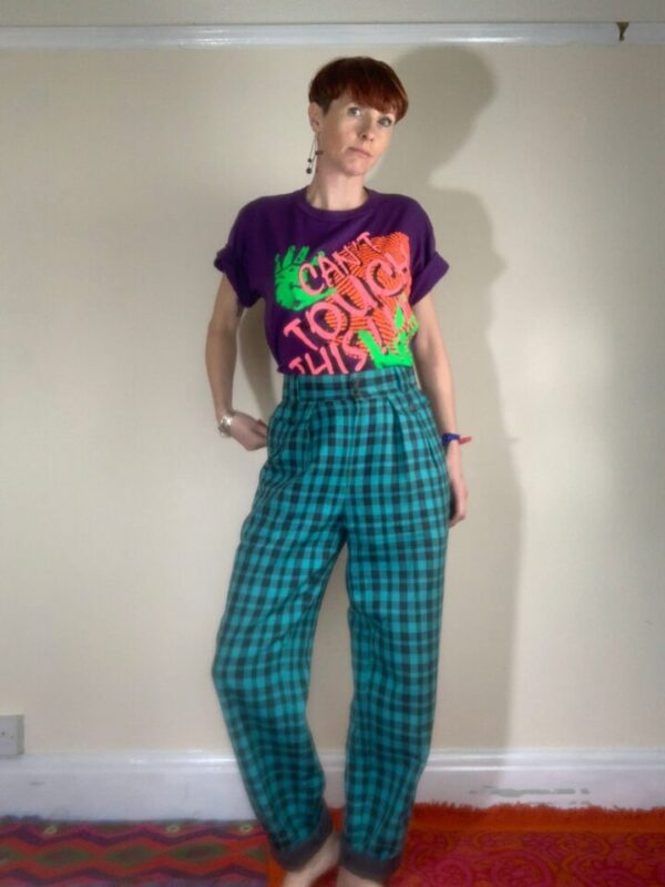 Green Checked High Waisted Trousers UK 10 - Image 5