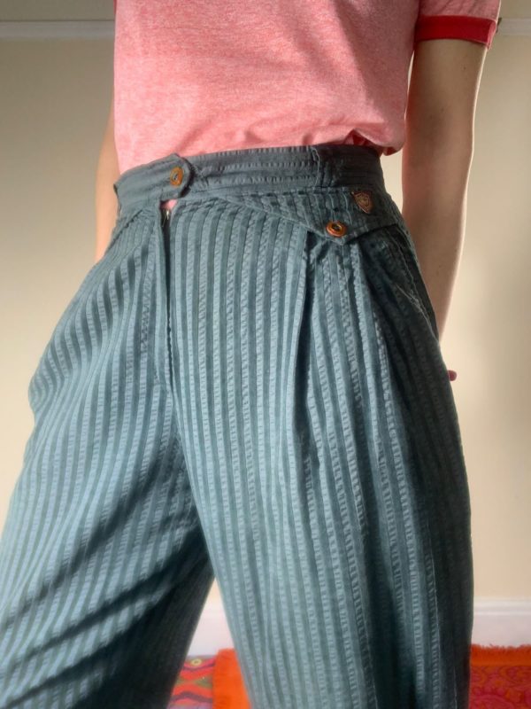 Green Velvety Pinstripe Trousers UK 10 1