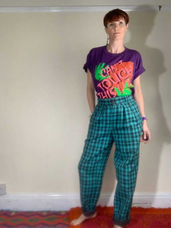 Green Checked High Waisted Trousers UK 10 - Image 3