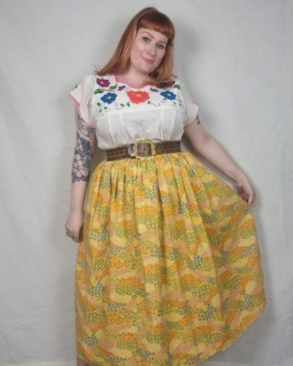 Handmade Vintage Yellow Floral Skirt UK 18-24 - Image 2
