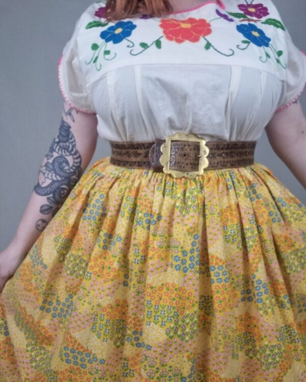Handmade Vintage Yellow Floral Skirt UK 18-24 - Image 3