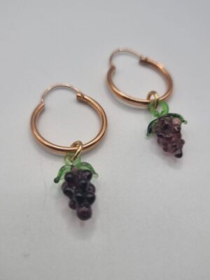 Vintage glass lampwork grape charm hoop earrings