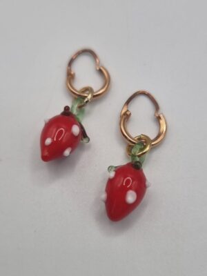 Vintage lampwork glass strawberry charm hoop earrings