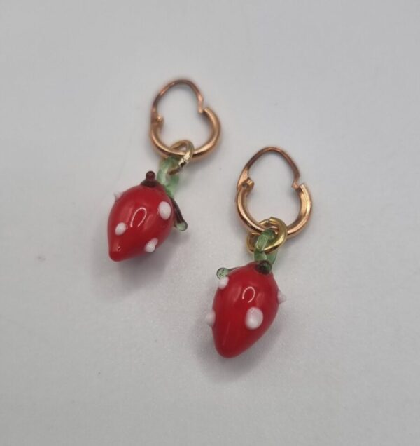 Vintage lampwork glass strawberry charm hoop earrings