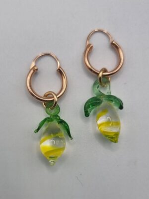 Vintage glass lampwork lemon charm hoop earrings