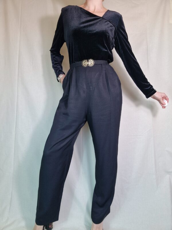 1980s Black velvet asymmetric neckline jumpsuit UK 12 1