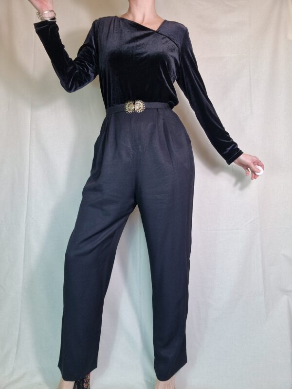 1980s Black velvet asymmetric neckline jumpsuit UK 12 4